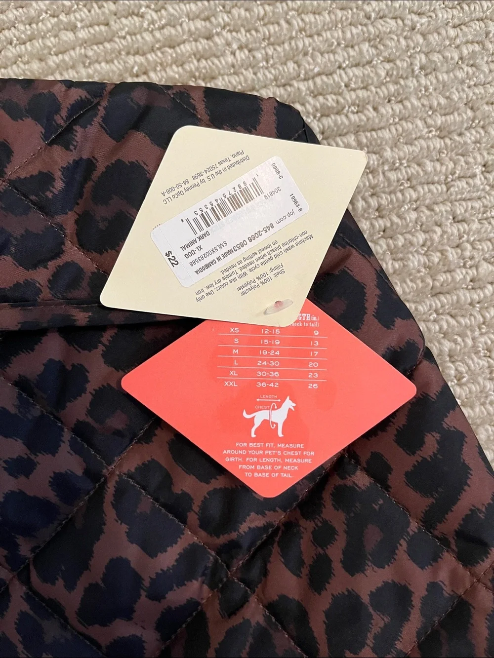 St. John's Bay Quilted Leopard Print Dog Puffer - Brown & Black XL